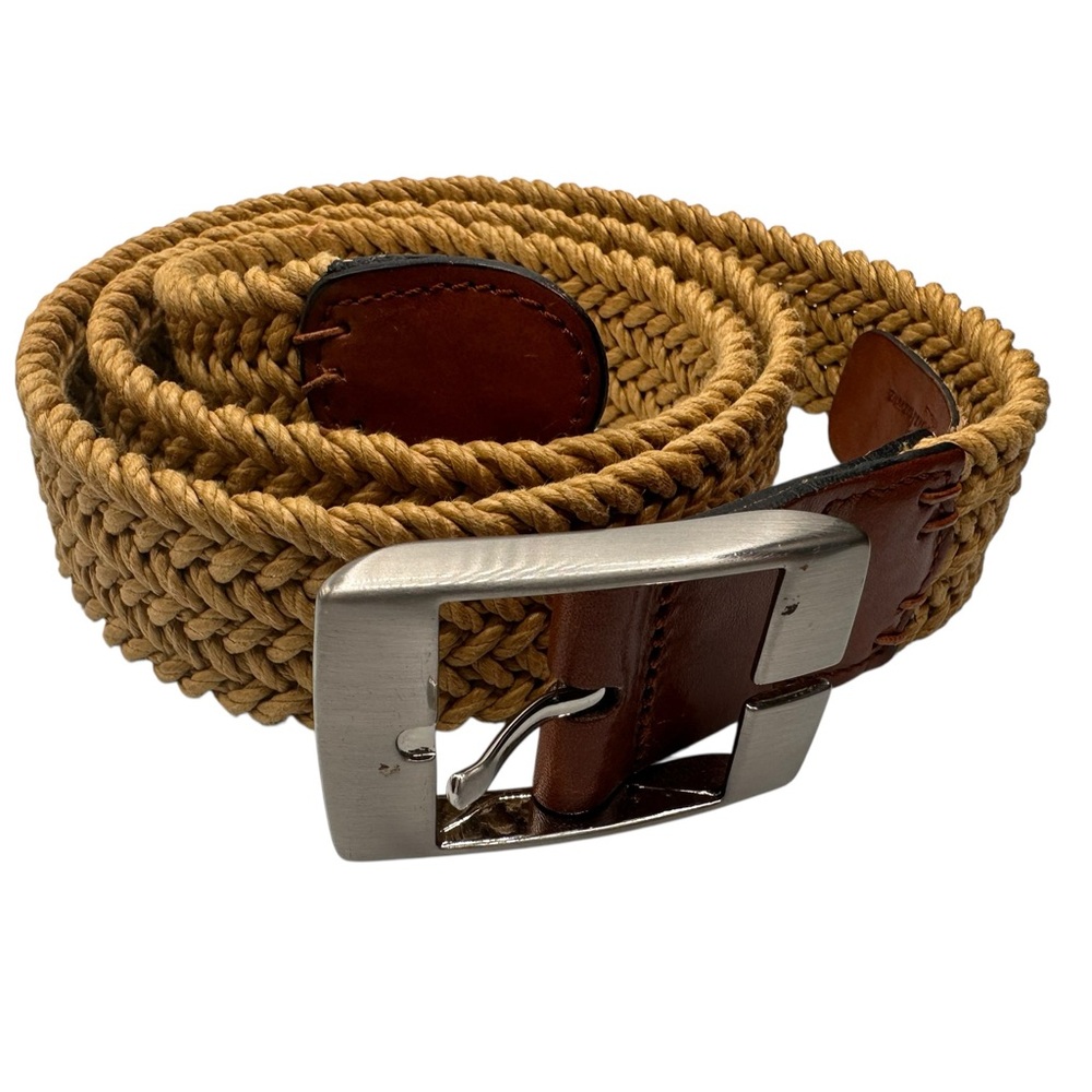 Tommy Bahama Woven Belt Tan Rope Braided Leather Trim Size 36 Made Spain 1.4”